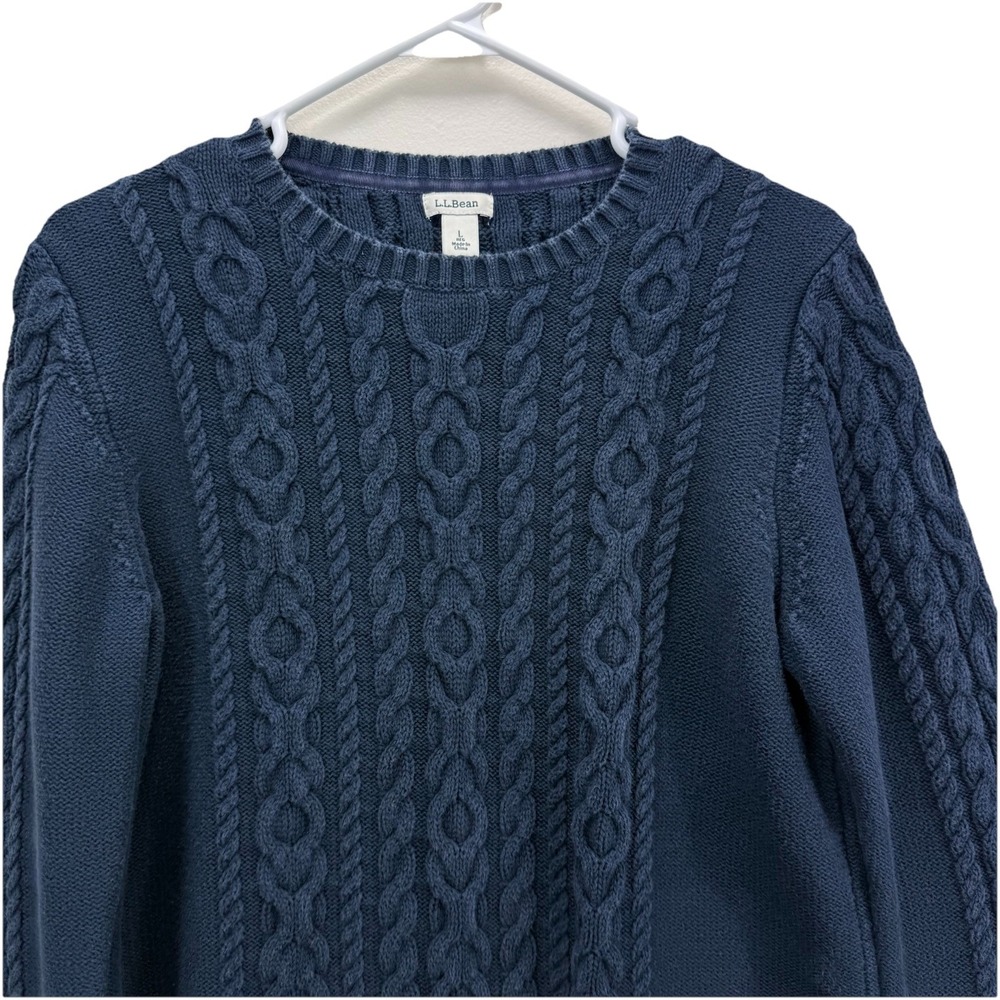 LL Bean‎ Navy Blue Double L Mixed Cable Crew Neck Pullover Cotton Sweater LARGE - Picture 3 of 9